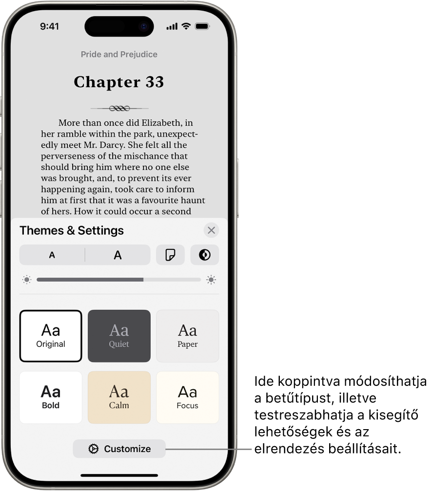 Egy könyv oldala a Könyvek appban. A Témák & beállítások lehetőségei különféle vezérlőkkel, amelyek a betűmérethez, a görgetési nézethez, az oldallapozás stílusához, a fényerőhöz és a betűtípusstílusokhoz használhatók.