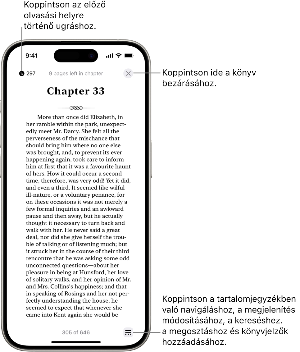 Egy könyv oldala a Könyvek appban. A képernyő tetején lévő gombok segítségével visszatérhet arra az oldalra, ahol elkezdte az olvasást, illetve bezárhatja a könyvet. A Menü gomb a képernyő jobb alsó részén található.