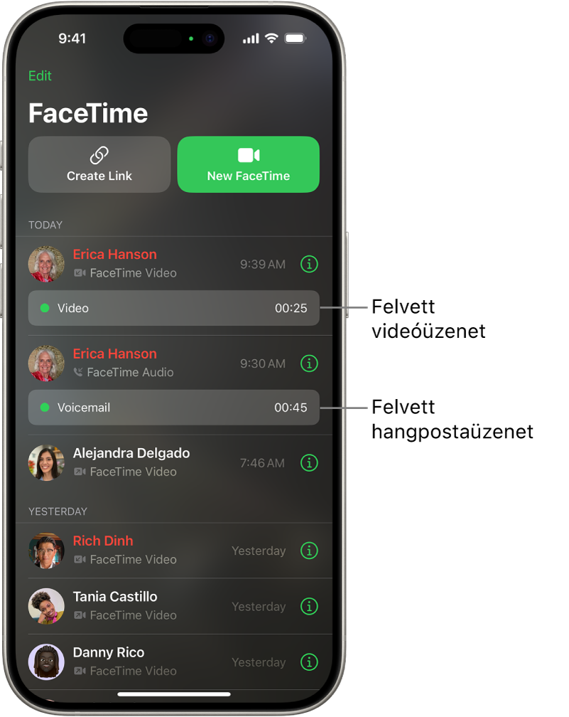 A FaceTime-híváselőzmények láthatók, köztük linkek, amelyek egy felvett videóüzenetre és egy hangpostaüzenetre vonatkoznak.