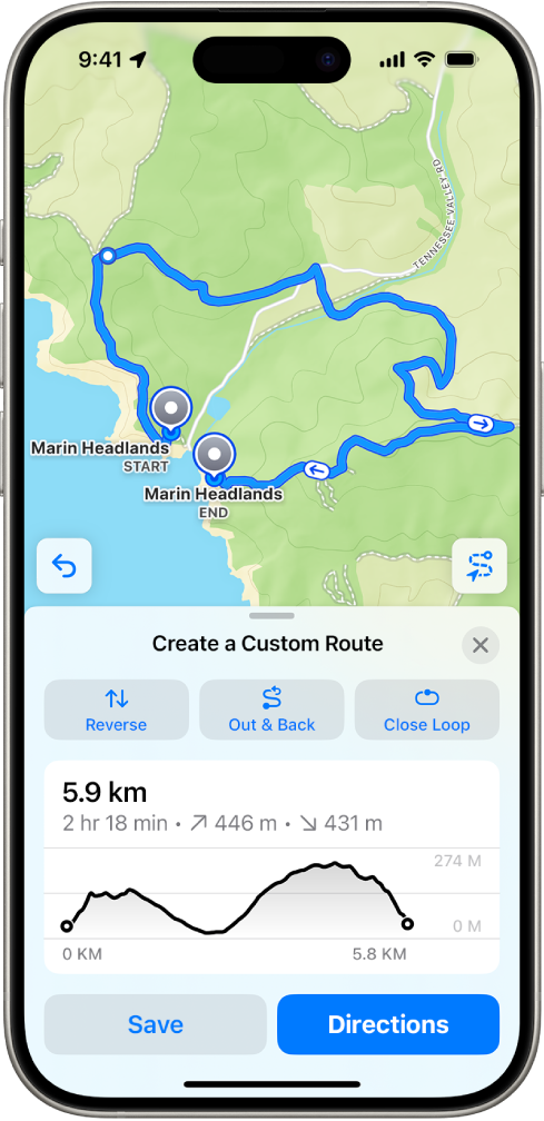 Rute khusus di app Peta, dengan jarak, profil elevasi, estimasi waktu, dan pilihan untuk menyimpan atau mendapatkan petunjuk arah ke awal rute.