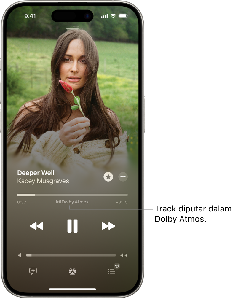 Layar Sedang Diputar menampilkan ikon Dolby Atmos untuk track yang sedang diputar.