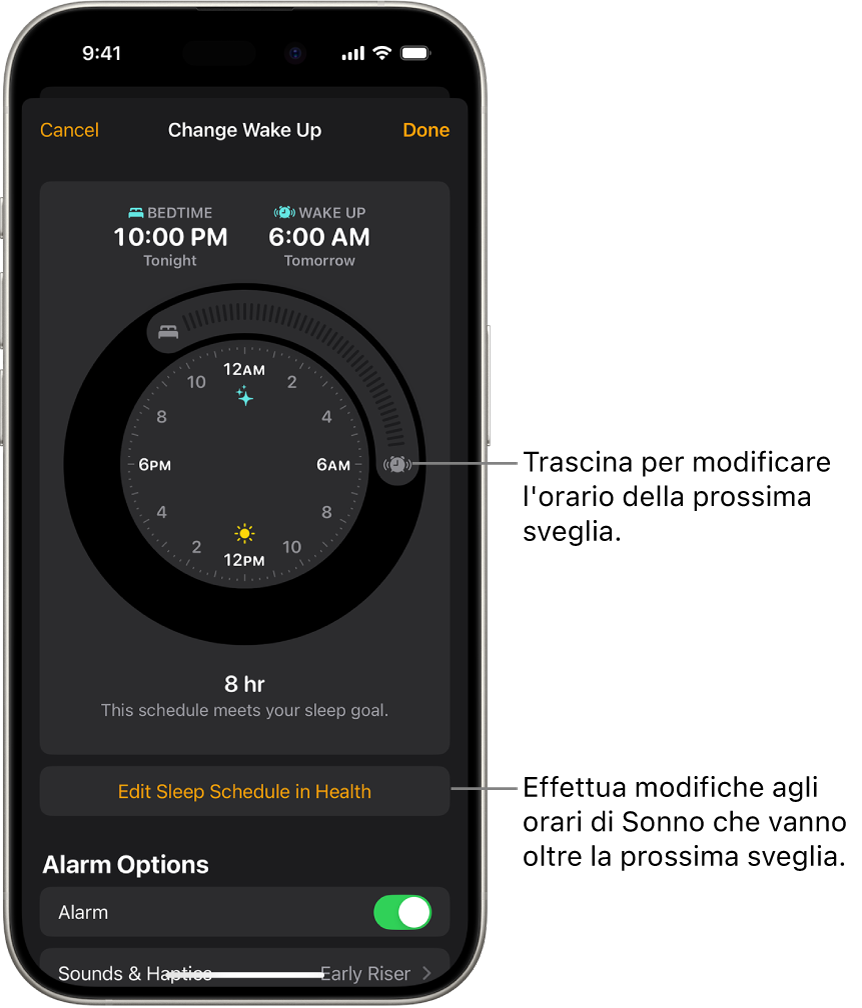 Una schermata per modificare la prossima sveglia. La posizione del pulsante della sveglia che suona imposta l’orario della sveglia.