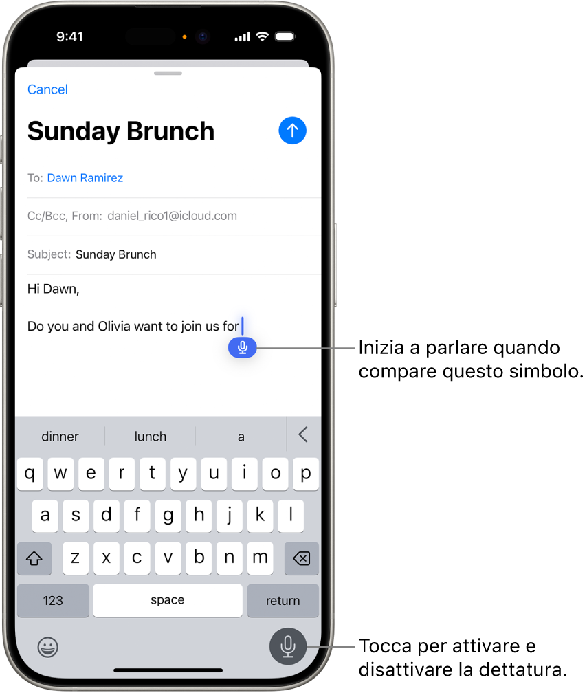 Nell’app Mail è aperta la tastiera su schermo. Il pulsante Dettatura nell’angolo in basso a destra dello schermo è selezionato e il pulsante Dettatura compare sotto il punto di inserimento nel campo di testo.