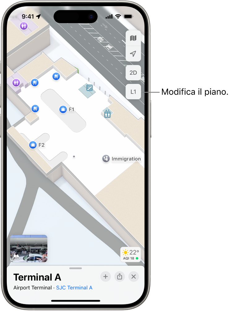 La mappa degli interni del terminal di un aeroporto. Tra gli elementi evidenziati vi sono i controlli dell’immigrazione, le scale, i bagni e il primo soccorso. Per passare a un altro piano delle mappe degli edifici su più piani, tocca il pulsante L1 (per “Livello 1”)