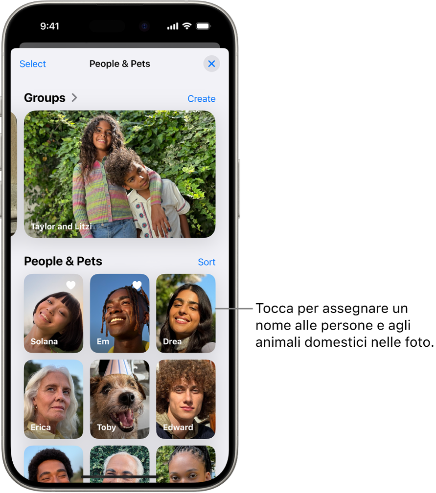 La raccolta “Persone e animali” nell’app Foto. La sezione Gruppi viene mostrata in alto, mentre le persone e gli animali domestici vengono elencati sotto.