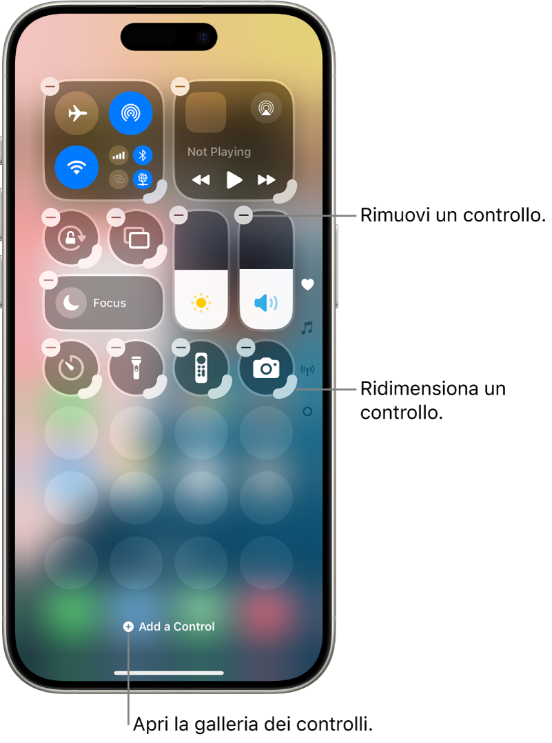 Centro di Controllo in fase di modifica, con un pulsante Rimuovi e una maniglia per il ridimensionamento su ciascun controllo.