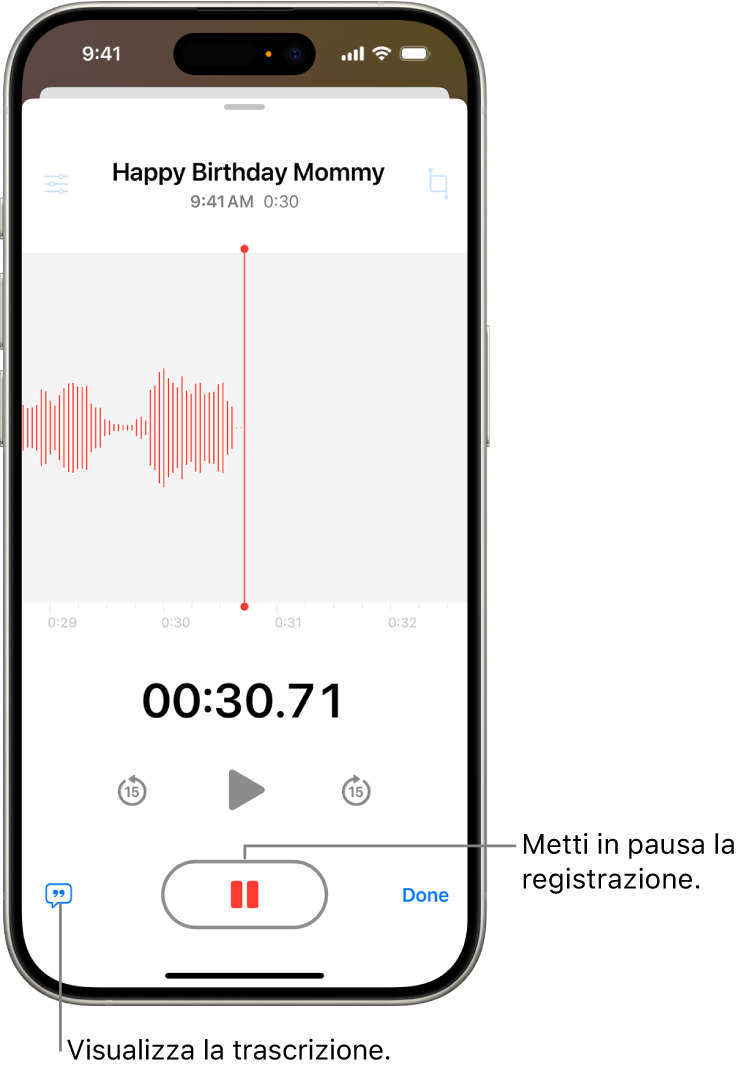 Una registrazione di Memo Vocali che mostra la forma d’onda della registrazione in corso, insieme a un indicatore della durata e un pulsante per mettere in pausa la registrazione.