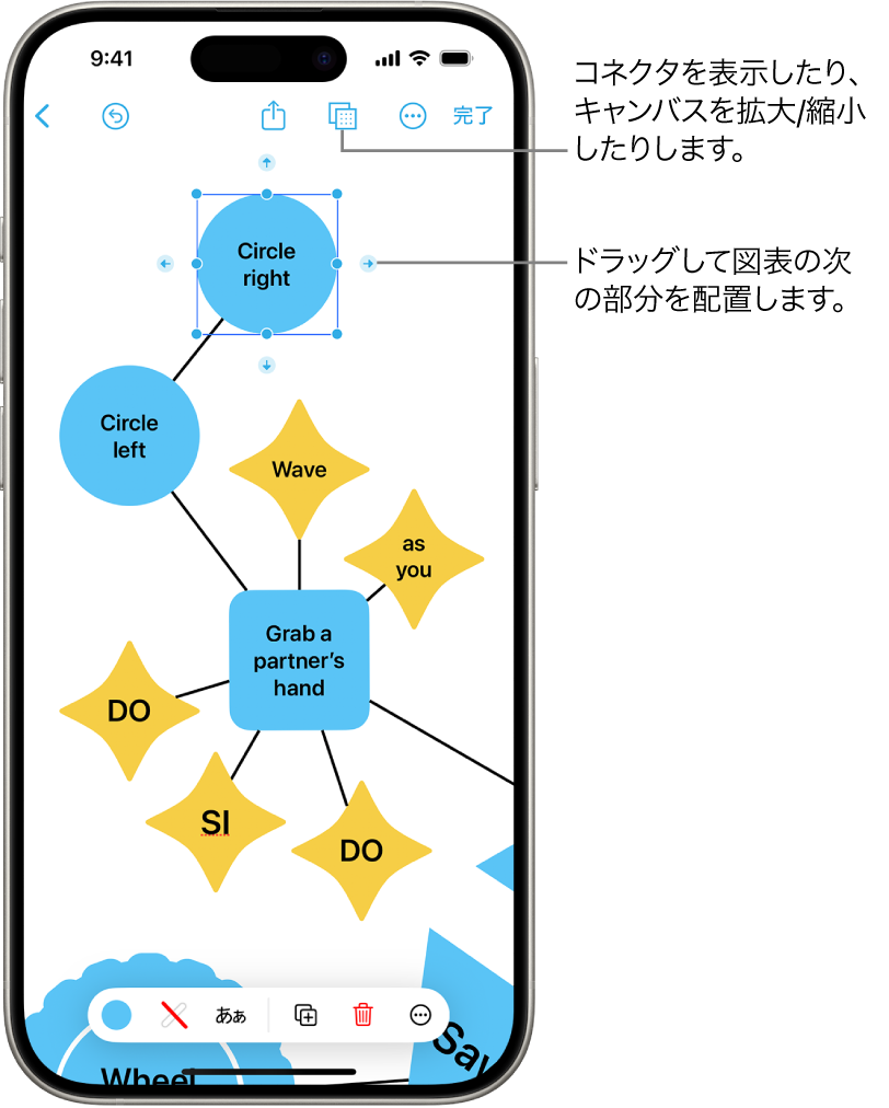 フリーボードのボード上の図表。選択した図形にコネクタが表示され、画面下部には図形のフォーマットツールがあります。