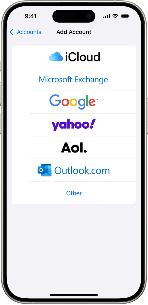 iCloud, Microsoft Exchange, Google, Yahoo, AOL 및 기타를 선택하는 옵션이 있는 계정 추가 화면.