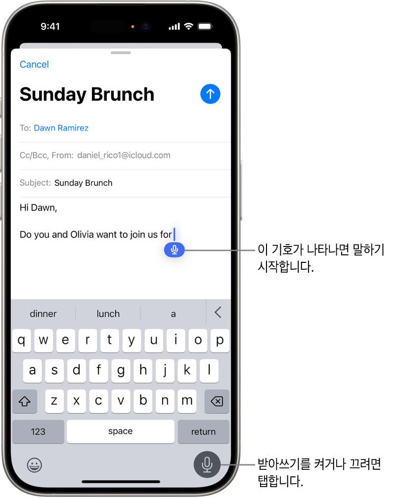 Mail 앱에 화면 키보드가 열려 있음. 화면 오른쪽 하단 모서리에서 받아쓰기 버튼이 선택되고, 텍스트 필드의 삽입점 아래에 받아쓰기 버튼이 나타남.