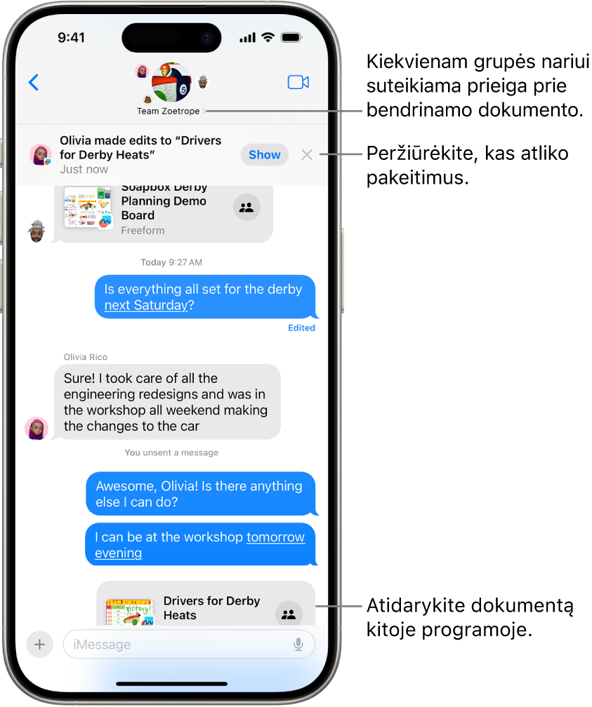 „Žinutės“ grupės pokalbis, įskaitant kvietimą bendradarbiauti ir pokalbio viršuje rodomus pakeitimus.