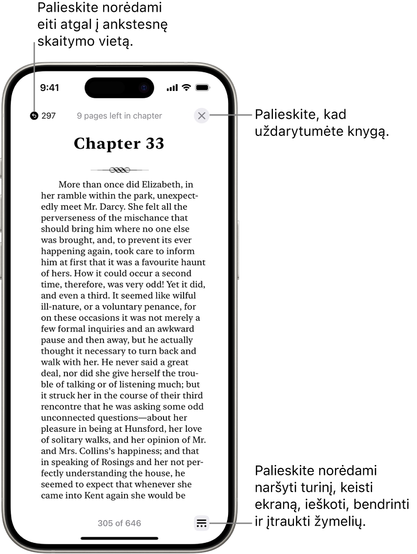 Programos „Books“ puslapis. Ekrano viršuje yra mygtukai, skirti grįžti į puslapį, nuo kurio pradėjote skaityti, ir užversti knygą. Ekrano apačioje dešinėje rodomas mygtukas „Meniu“.