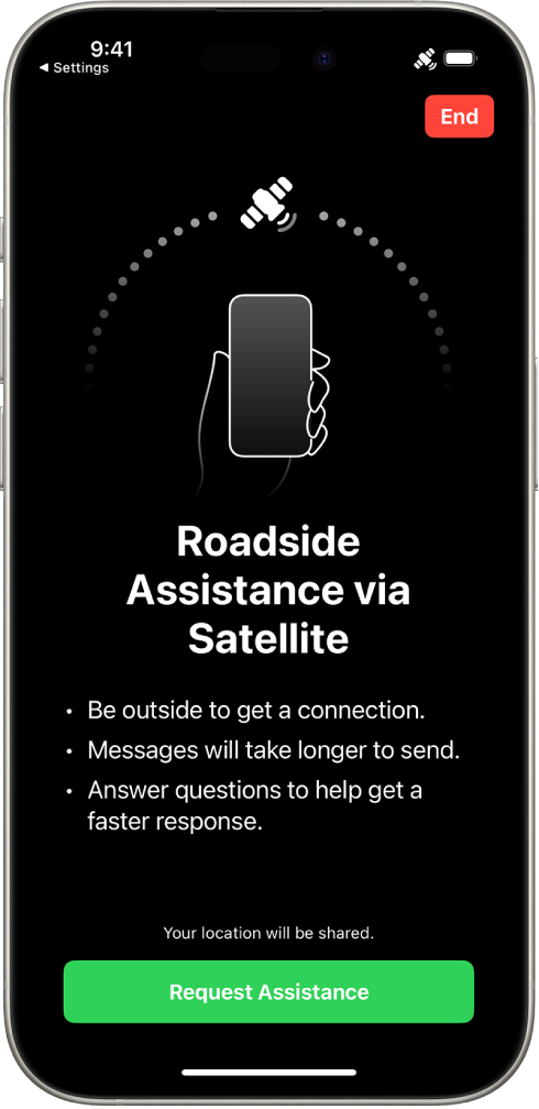 Ekrāns Roadside Assistance Via Satellite. Ekrāna apakšdaļā ir redzama poga Roadside Assistance.