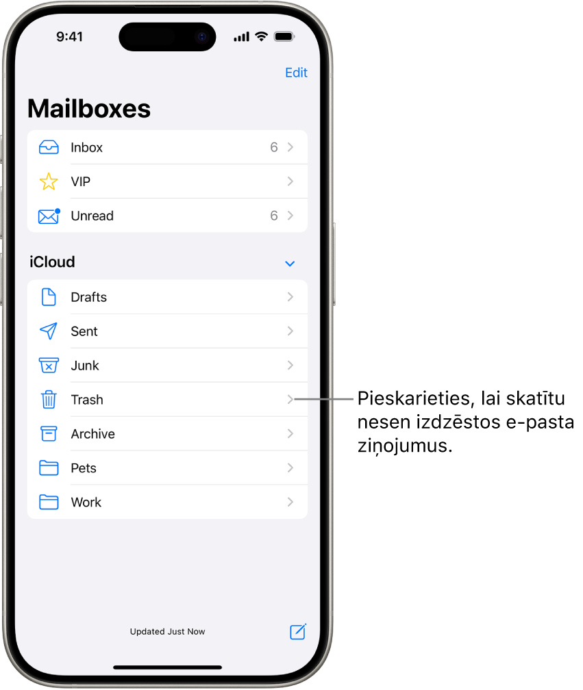 Mailboxes ekrāns. Sadaļā iCloud pastkastes ir uzskaitītas no augšas uz apakšu, ieskaitot Trash pastkasti. Pieskarieties tai, lai redzētu nesen dzēstus e-pasta ziņojumus.