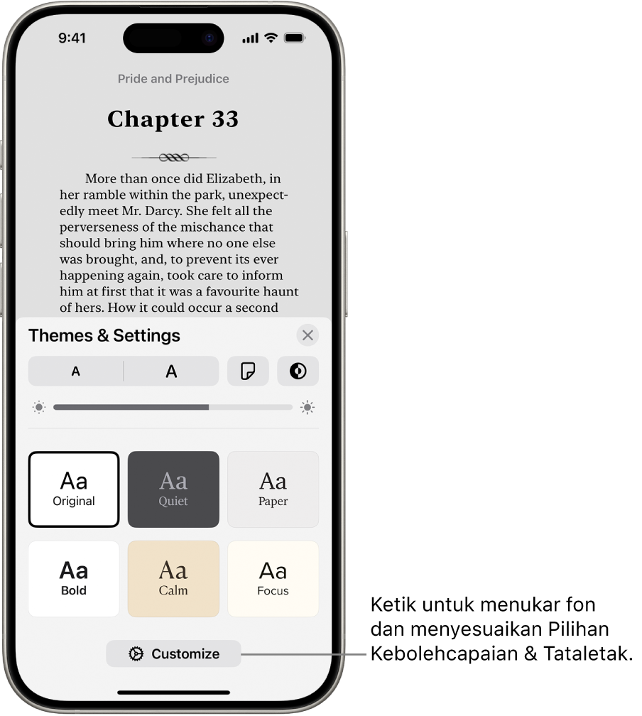 Halaman buku dalam app Buku. Pilihan Tema & Seting menunjukkan kawalan untuk saiz fon, paparan penskrolan, gaya selak halaman, kecerahan dan gaya fon.