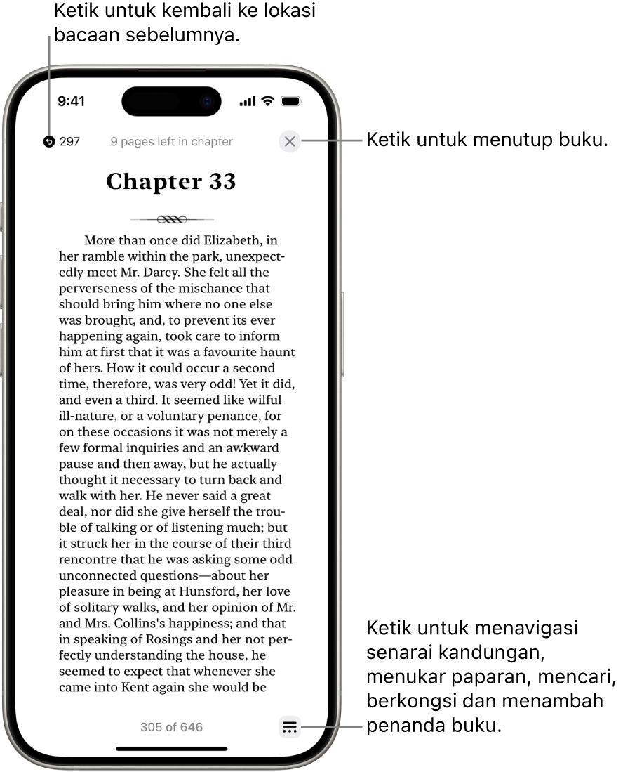 Halaman buku dalam app Buku. Di bahagian atas skrin ialah butang untuk kembali ke halaman yang anda mula membaca dan untuk menutup buku. Di bahagian kanan bawah skrin ialah butang Menu.