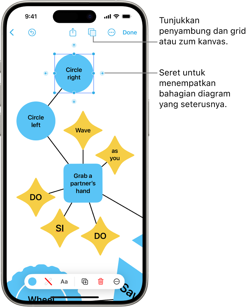 Gambar rajah pada papan Freeform, dengan penyambung ditunjukkan pada bentuk dipilih dan alat pemformatan bentuk kelihatan di bahagian bawah skrin.