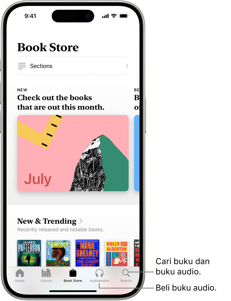 Skrin Kedai Buku dalam app Buku. Di bahagian bawah skrin ialah, dari kiri ke kanan, tab Laman Utama, Pustaka, Kedai Buku, Buku Audio dan Cari. Tab Kedai Buku dipilih.