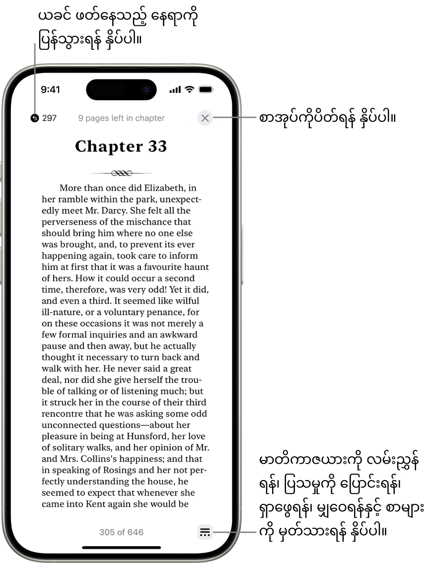 Books အက်ပ်ရှိ စာအုပ်တစ်အုပ်၏ စာမျက်နှာတစ်မျက်နှာ။ ဖန်သားပြင်ထိပ်တွင် သင်စတင်ဖတ်မည့်စာမျက်နှာသို့ ပြန်သွားရန်နှင့် စာအုပ်ကိုပိတ်ရန် ခလုတ်များဖြစ်သည်။ ဖန်သားပြင်၏ညာဘက်အောက်ခြေသည် Menu ခလုတ်ဖြစ်သည်။