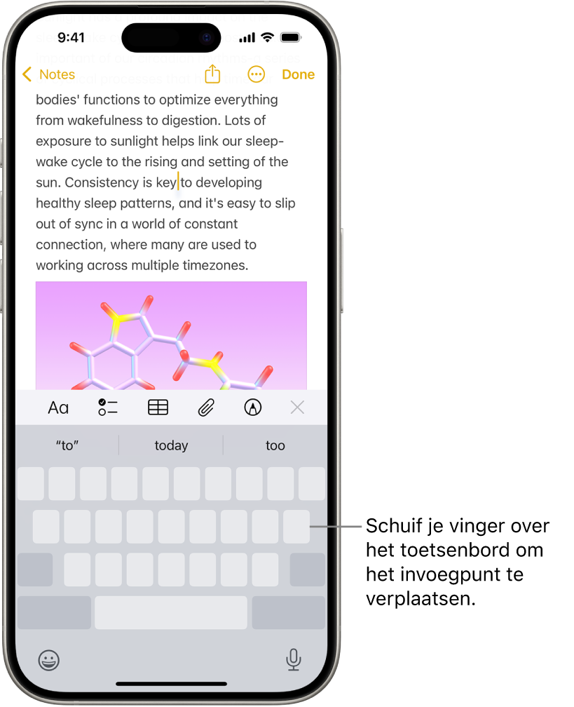 Een document is open in de Notities-app. Het schermtoetsenbord in de onderste helft van het scherm wordt als trackpad gebruikt.