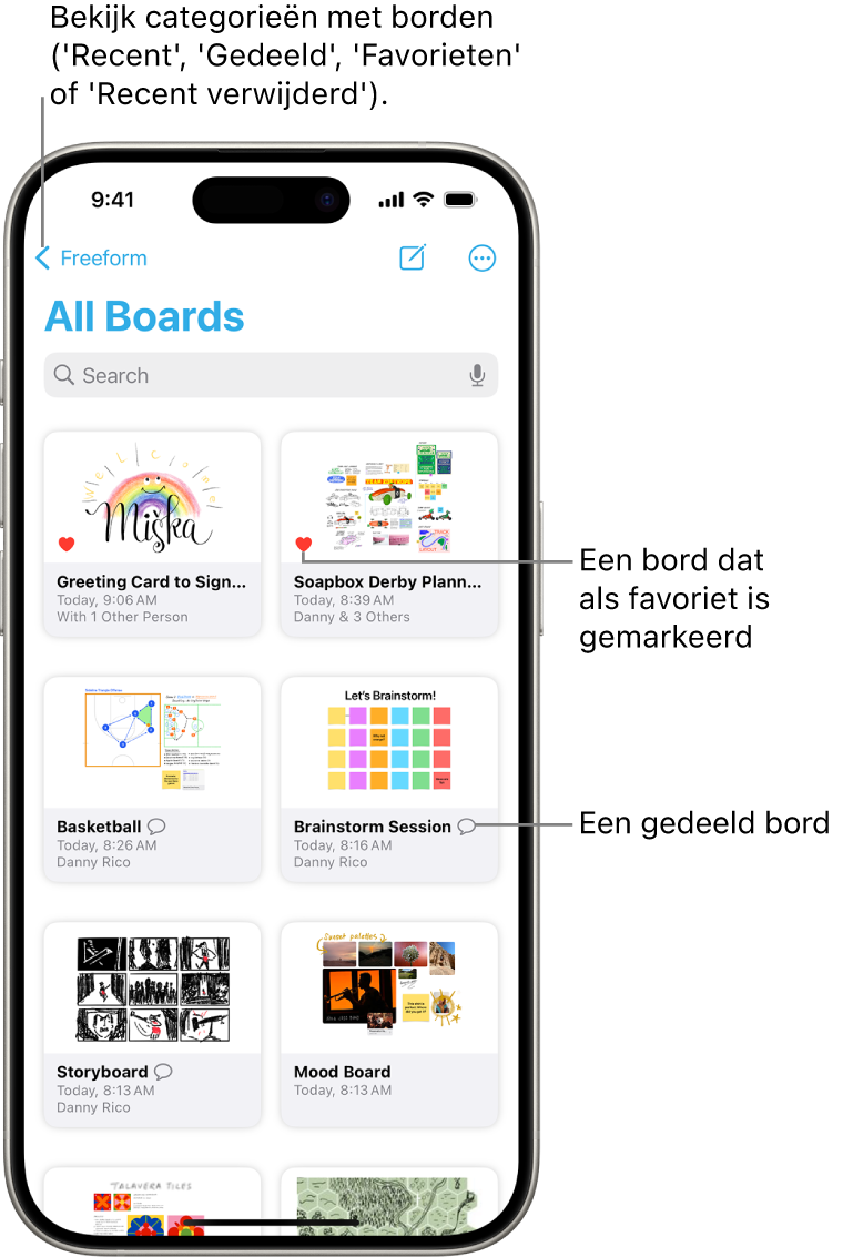 Het Freeform-scherm 'Alle borden' is geopend met acht bordminiaturen.