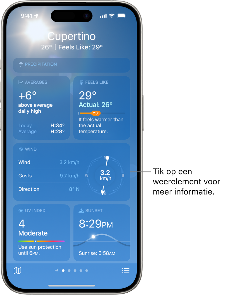 Het Weer-scherm, met de locatie bovenaan en daaronder de huidige temperatuur en weersomstandigheden. In de rest van het scherm staan weerdetails met betrekking tot de luchtkwaliteit, de neerslag, de uv-index en de zonsondergang.