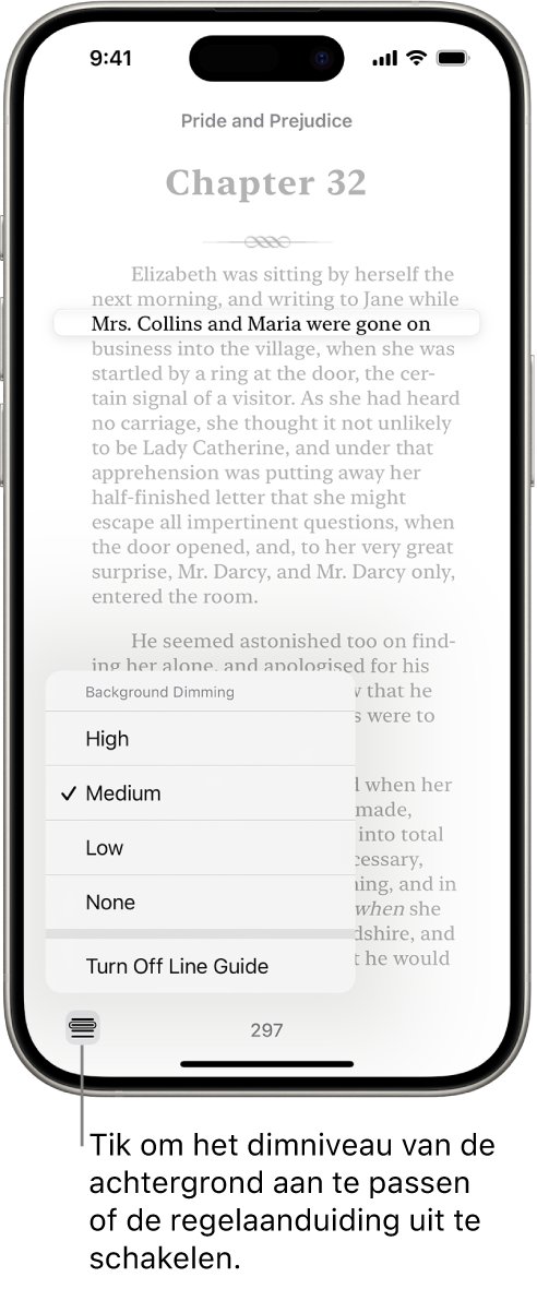 Een pagina van een boek in de Boeken-app. Eén regel tekst is uitgelicht en de rest van de tekst is gedimd. Linksonder in het scherm bevindt zich de knop met het regelaanduidingsmenu.