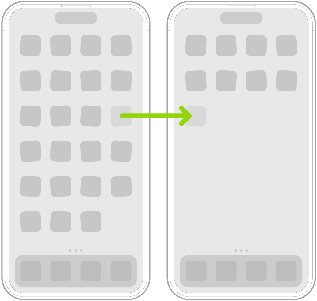 Trillende apps in het beginscherm met een pijl die wijst naar een app die naar de volgende pagina wordt gesleept.