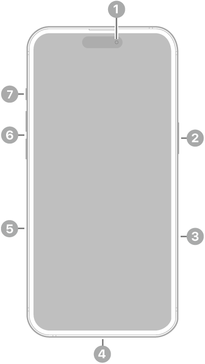 Przód iPhone’a 16 Plus. Aparat przedni znajduje się na środku, na górze. Przycisk boczny znajduje się po prawej stronie. Złącze Lightning znajduje się na dole. Po lewej stronie, od dołu do góry, znajdują się: tacka karty SIM, przyciski głośności oraz przycisk czynności.