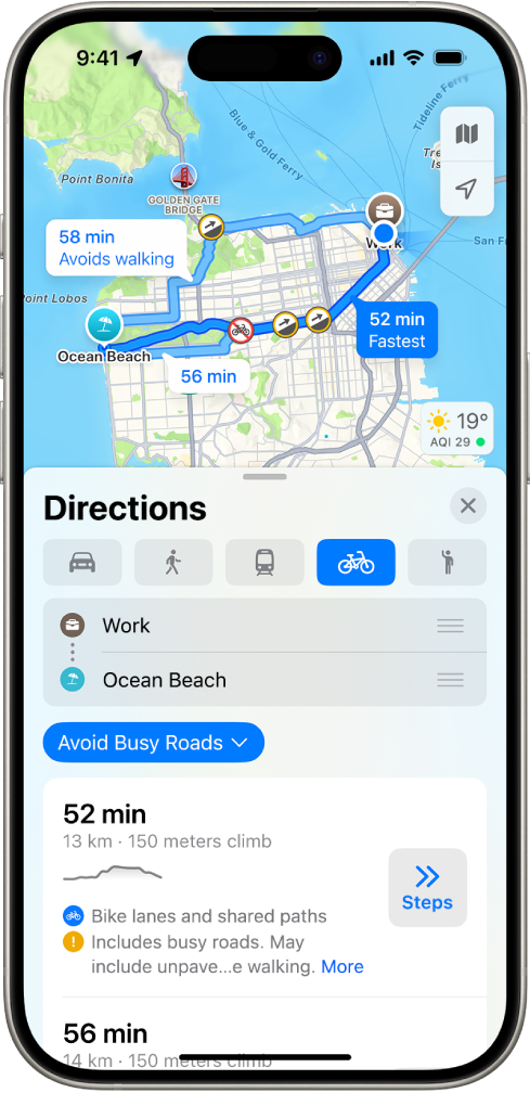 Um mapa mostrando opções de rota de bicicleta. O cartão de rota na parte inferior fornece detalhes, incluindo os tempos de viagem estimados, alterações de elevação e os tipos de vias. Um botão Ir aparece à direita dos detalhes.