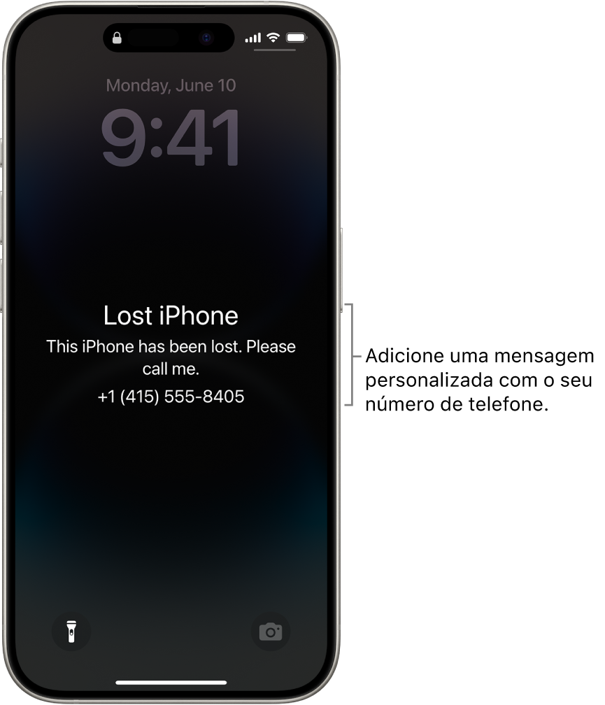 Uma Tela Bloqueada do iPhone com uma mensagem de iPhone perdido. Você pode adicionar uma mensagem personalizada com o seu número de telefone.