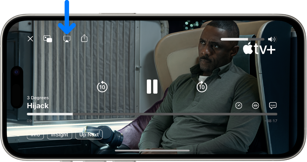 Filme sendo reproduzido na tela do iPhone. No meio da tela, os controles de reprodução. O botão AirPlay está perto da parte superior esquerda.