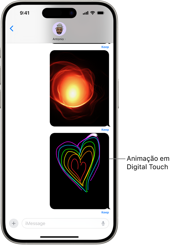 Uma conversa do app Mensagens com um gesto e uma animação do Digital Touch.