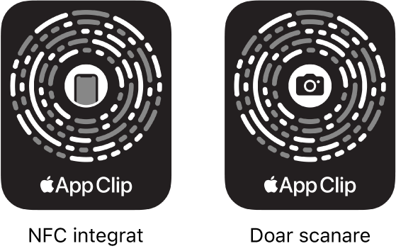În stânga, un cod App Clip integrat în NFC cu pictograma unui iPhone în centru. În dreapta, un cod App Clip doar pentru scanare cu pictograma unei camere în centru.