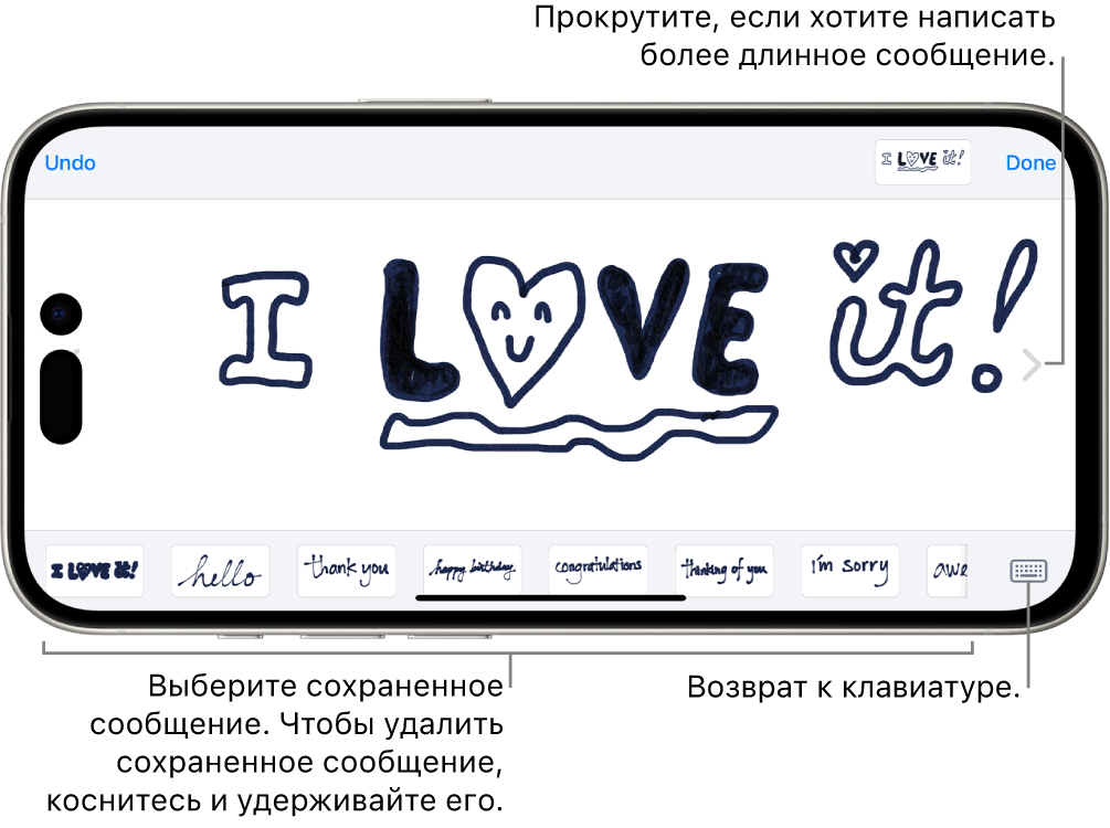 Полотно для создания рукописного сообщения. Вдоль нижнего края слева направо расположены сохраненные надписи от руки и кнопка клавиатуры.