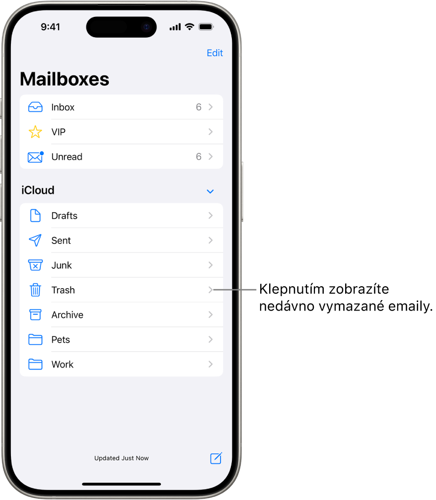 Obrazovka Schránky. V časti iCloud sú zhora nadol uvedené schránky vrátane schránky Kôš. Klepnutím na ňu zobrazíte nedávno vymazané emaily.