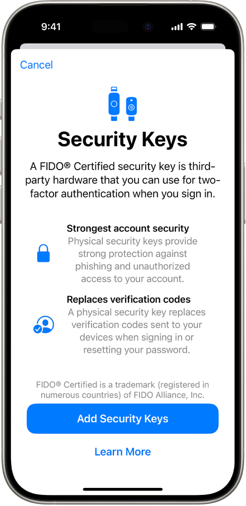 Ekrani i mirëseardhjes për Security Keys. Afër fundit është butoni Add Security Keys dhe një lidhje Learn More. Mbi to është një tekst shpjegues për përfitimet nga përdorimi i çelësave të sigurisë.