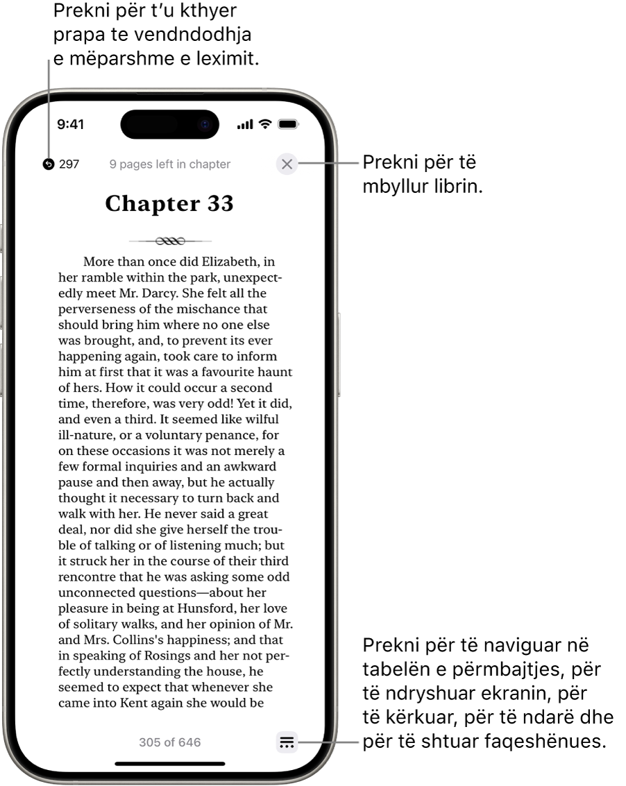 Një faqe e një libri në aplikacionin Books. Në krye të ekranit janë butonat për kthimin në faqen në të cilën keni filluar të lexoni dhe për mbylljen e librit. Në fund të djathtë të ekranit është butoni Menu.