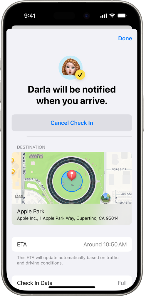 Екран Check In показује да ће пријатељ добити обавештење за 14 минута, испод чега су опције за продужетак времена или отказивање Check In-а. На дну је мапа која приказује тренутну локацију.