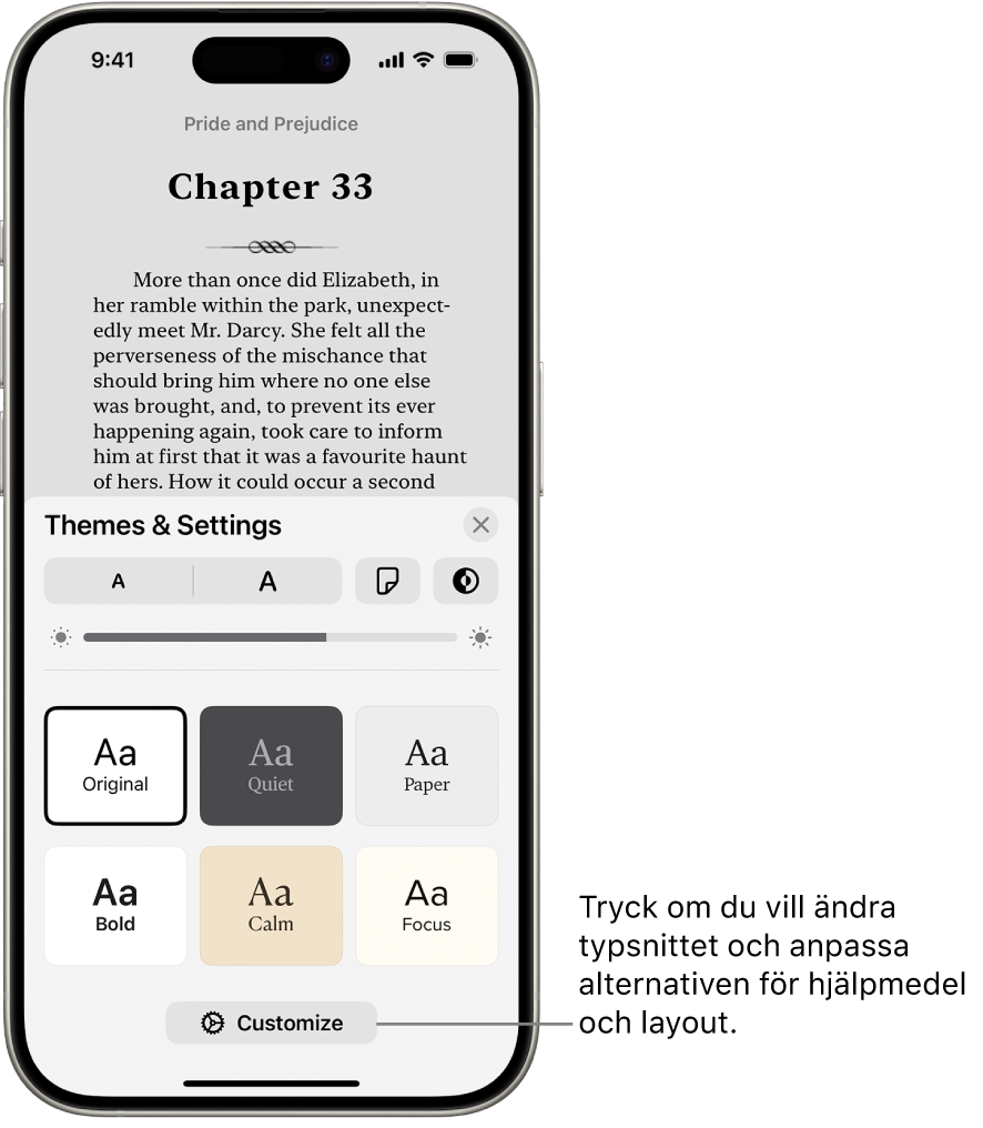 En sida i en bok i appen Böcker. Alternativen Teman och Inställningar visar reglage för typsnittsstorlek, rullningsvy, sidvändningsstil, ljusstyrka och typsnittsstilar.