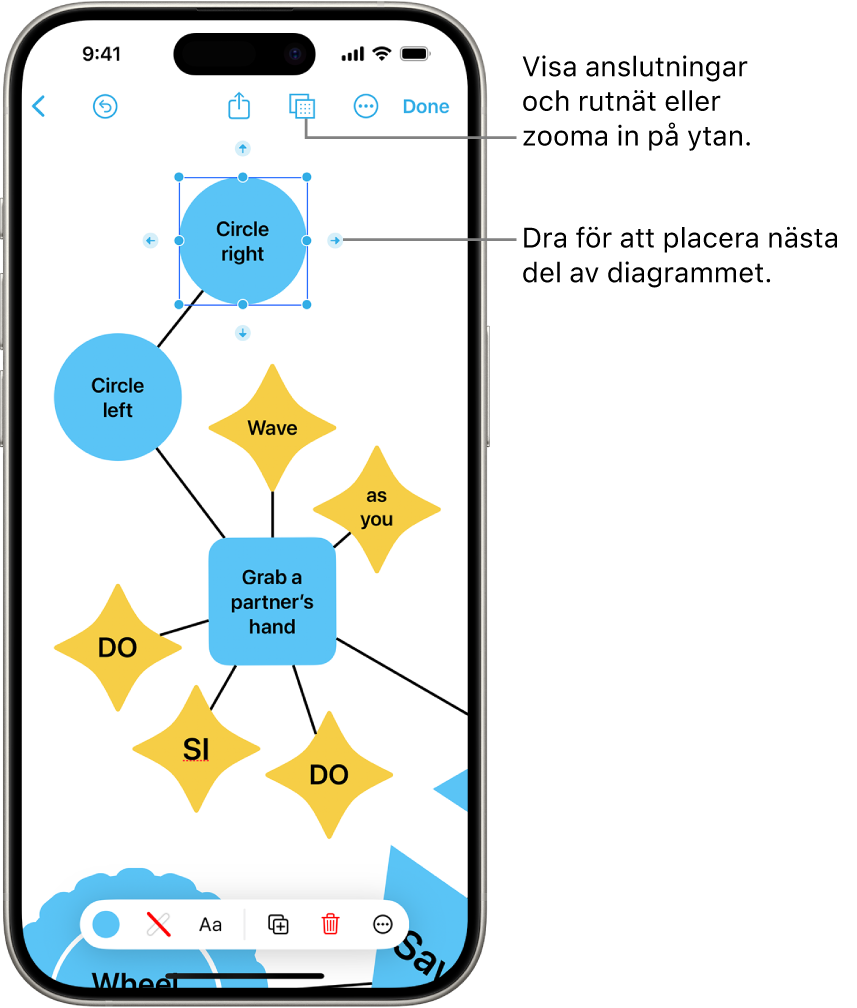 Ett diagram på en Freeform-tavla med anslutningar med en markerad form och formformateringsverktygen synliga längst ned på skärmen.