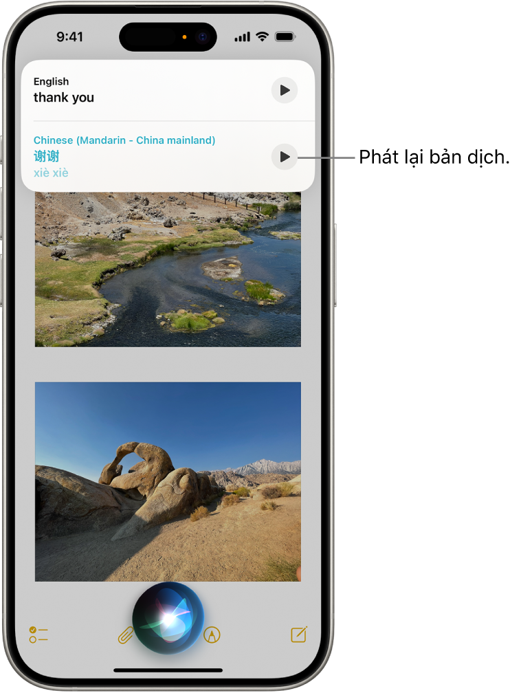 Một màn hình iPhone với chỉ báo Siri đang nghe ở dưới cùng và phản hồi từ Siri dưới dạng một bản dịch [từ Tiếng Anh sang Tiếng Hoa phổ thông] ở trên cùng.