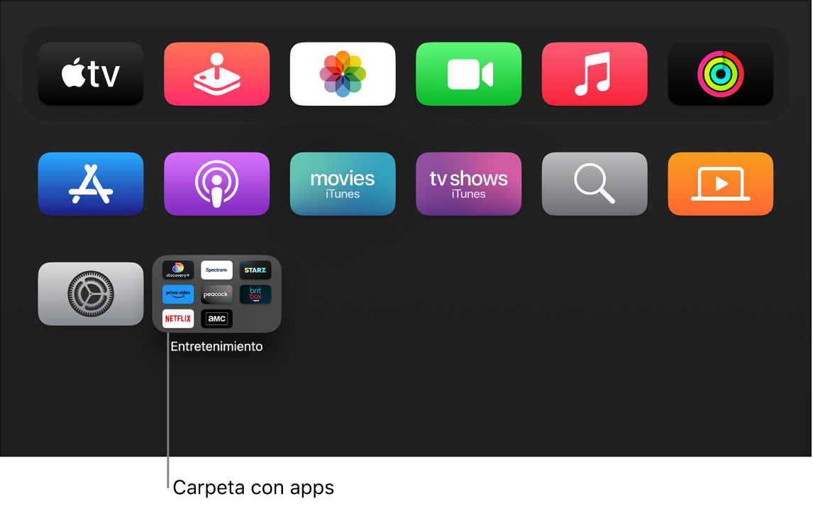 La pantalla de inicio del Apple TV mostrando una carpeta de apps.