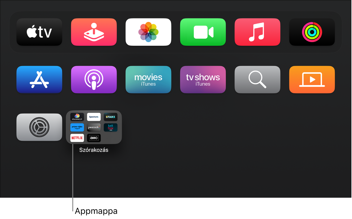 Az Apple TV Főképernyője egy appmappával.