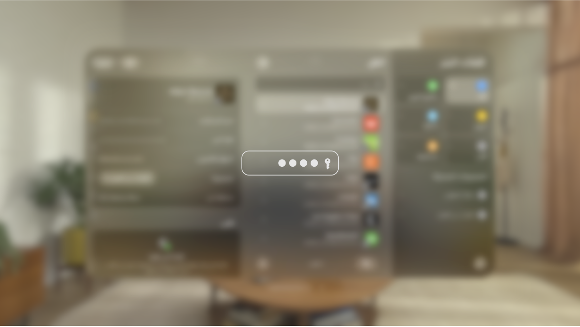 العرض على Apple Vision Pro أثناء كتابة كلمة السر، كما يراه أحد الأشخاص على شاشة معكوسة. الرؤية غير واضحة، وتظهر صورة تشير إلى أن المستخدم يقوم بإدخال كلمة سر.