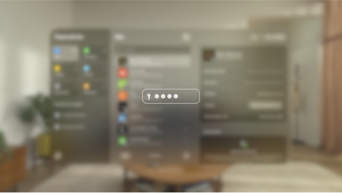 Die Ansicht auf der Apple Vision Pro während der Eingabe eines Passworts, die eine andere Person auf dem synchronisierten Display sieht. Die Ansicht ist verschwommen dargestellt und ein Bild zeigt an, dass die Person, die das Gerät gerade verwendet, ein Passwort eingibt.