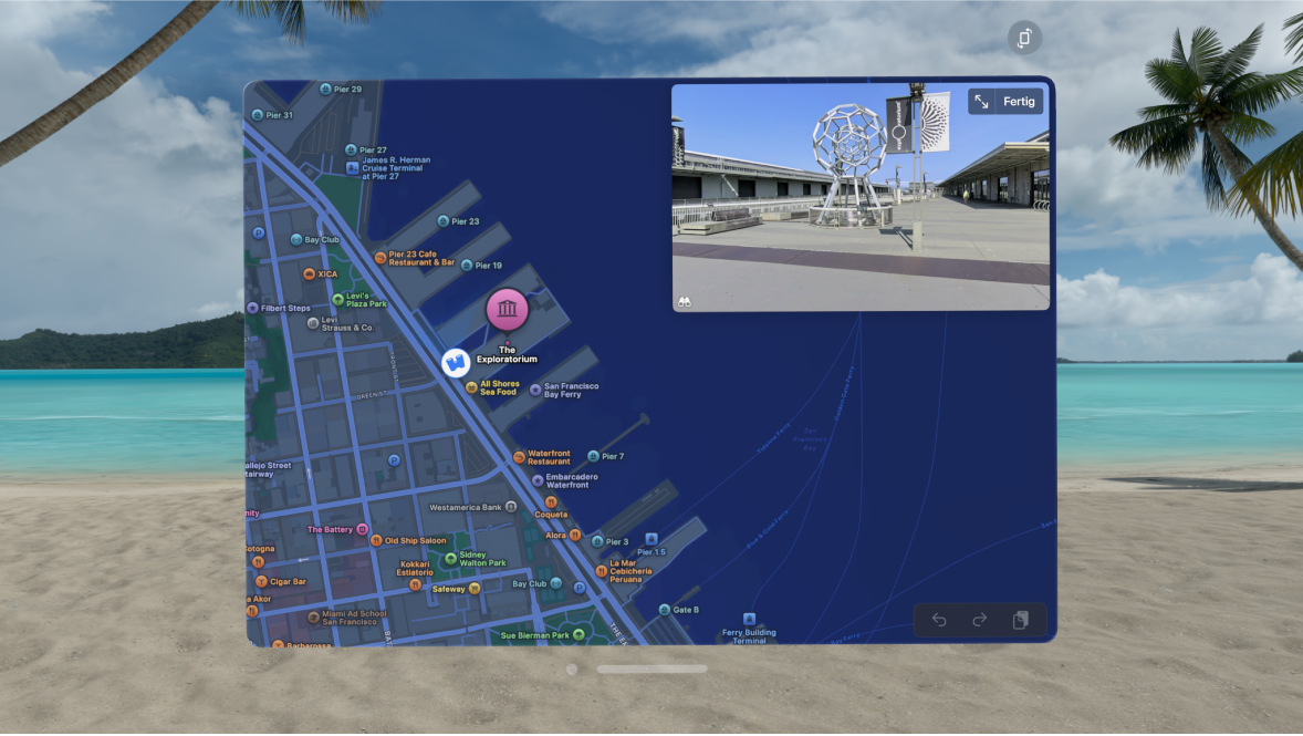 Die App „Karten“ auf der Apple Vision Pro zeigt einen Ort in „Umsehen“.