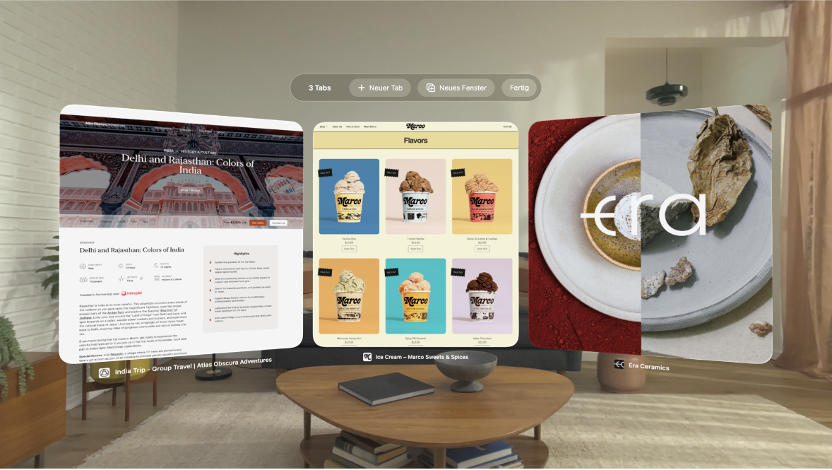 Die App „Safari“ auf der Apple Vision Pro mit Tabs über die gesamte Breite der Benutzeransicht.