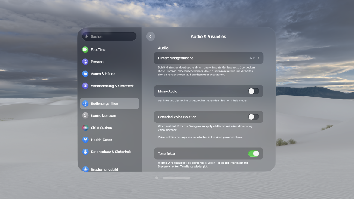 Die Einstellungen „Audio & Visuelles“ auf der Apple Vision Pro zeigen, dass die Option „Toneffekte“ aktiviert ist.