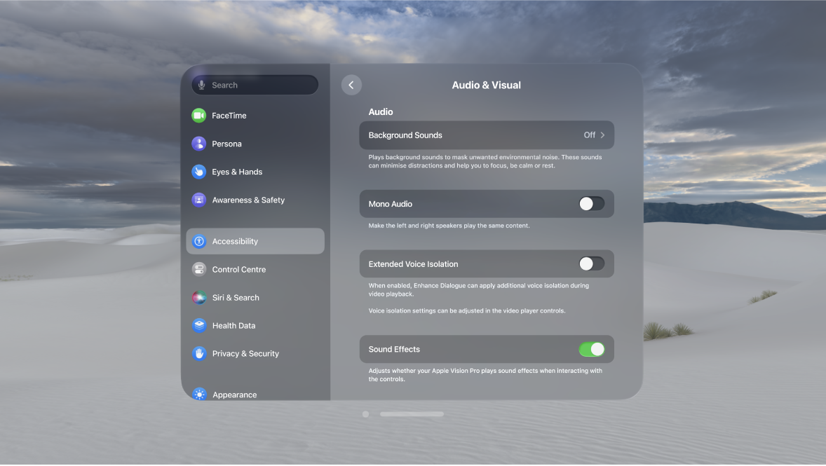 Audio & Visual settings on Apple Vision Pro, showing Sound Effects turned on.